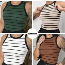 Kit 2 Camiseta Regata Feminina Listradas Canelada Nadador – Blusa Básica Ribana