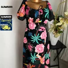 Vestido Feminino Glamurra Tropical Preto Floral Decote Amarração com Manga Bufante Soltinho