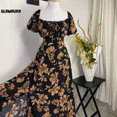 Vestido feminino Longo Verão Glamaura Floral Dividido na Coxa  com Amarração Frontal Soltinho