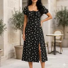 Vestido Longo feminino Verão Glamaura Florido Dividido na Coxa de Linha A com Manga Bufante Soltinho