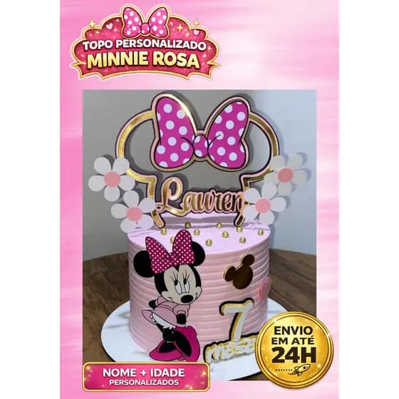 Topo de Bolo Minnie rosa com Nome e Idade – Decoração Festa Infantil Tema Minnie rosa – Personalizado com Nome e Idade –