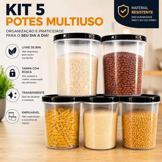 Kit pote Mantimentos transparente 2,2 litro reforçado tampa rosca hermética  alimentos Cozinha Kit 5