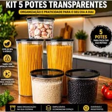 Kit 5 Porta Mantimentos Plástico Transparente Redondo Pote Organizador jogo armazenamento