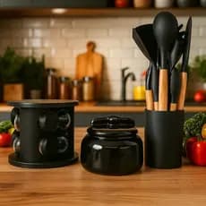 Kit completo e elegante com Suporte Giratório de Temperos + Saleiro Porcelana Premium + Kit Utensílios Cozinha –