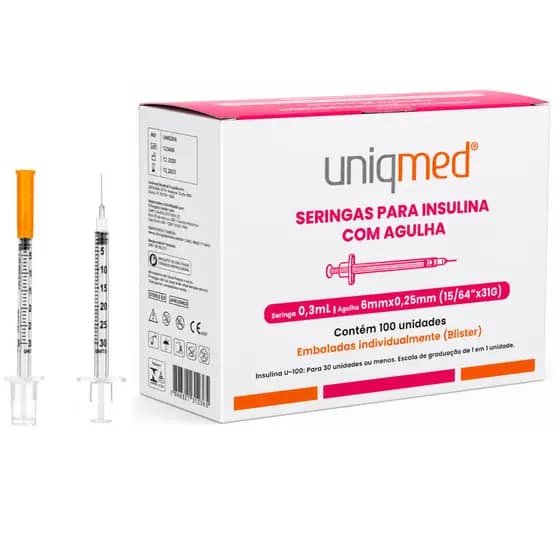 Seringa 0.3ml C/ Agulha Fixa 6x0,25mm Ultrafina Kit Até 20 Unidades Uniqmed