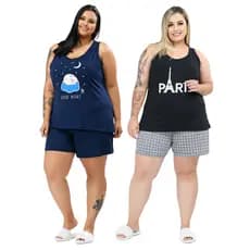 Kit 2 Pijamas Regata Feminino Plus Size Modelagem Ampla Algodão Premium Confortável