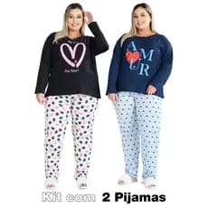Kit 2 Pijamas Inverno Feminino Plus Size Modelagem Ampla Algodão Premium Confortável