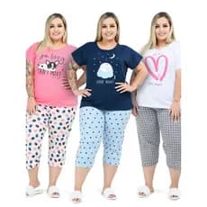 Kit 3 Pijamas Feminino Pescador  Algodão Curve Plus Size Modelagem Ampla G1 ao G6 Não Aperta