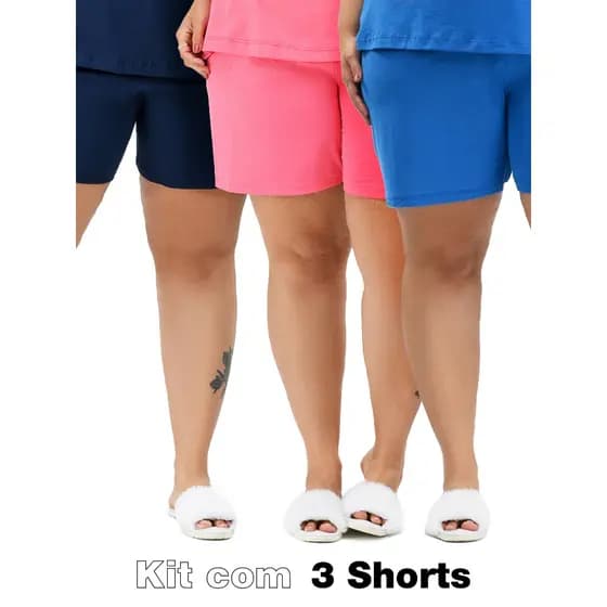 KIT 3 Shorts Feminino Plus Size em Malha de Algodão Premium Confortável - Básico Casual Dia a Dia