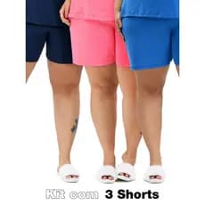KIT 3 Shorts Feminino Plus Size em Malha de Algodão Premium Confortável - Básico Casual Dia a Dia