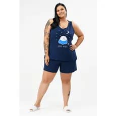 Conjunto Pijama Verão Regata Feminino Plus Size Curve de Algodão Good Night Azul Marinho Envio Imediato