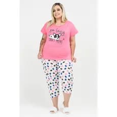 Conjunto Pijama Feminino Pescador Plus Size Curve de Algodão So Lazy Rosê Estampado Envio Imediato