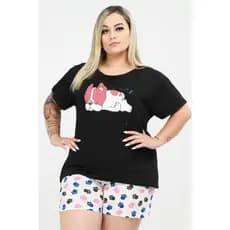 Pijama Feminino Plus Size de Algodão Cachorrinho Preto Estampado