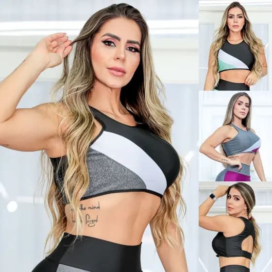 Cropped Academia Fitness sem Bojo Recortes Coloridos Decote Vazado Treinos Estiloso Promoção