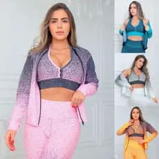 Conjunto Trio Fitness Feminino em Degradê com Casaco Bomber Calça Legging e Top com Bojo Removível