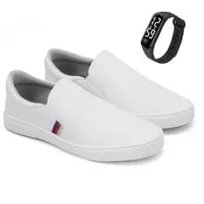 Tênis Iate Slip on Calce Fácil Original Hype Shoes Com Tira Lateral - Branco - Unissex + Relógio