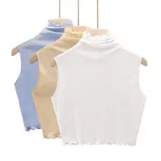 Top feminino transparente sem mangas com gola alta, camisola com babados, top de malha respirável para uso diário.