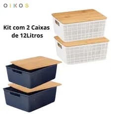 Kit 2 Caixas Organizadoras Tampa Bambu 12L Branco ou Cinza – Oikos