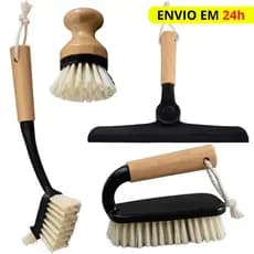 Kit Escovas de Limpeza Multiuso + Rodinho Dobrável Oikos 4 Peças Branco e Preto Bambu Lavanderia