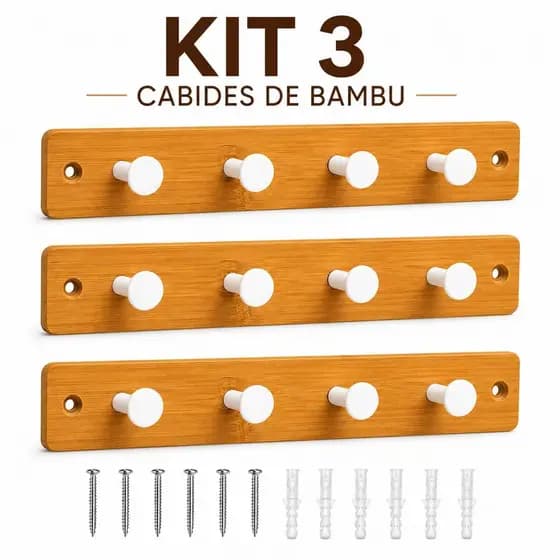 Kit 3 Ganchos De Parede e Porta Cabide De Bambu Branco Com Parafuso e Bucha Para Quarto e Banheiro