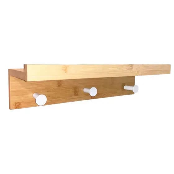 Prateleira de Bambu com 3 Ganchos de Metal - Oikos Porta Chaves Organizador Parede Decorativo