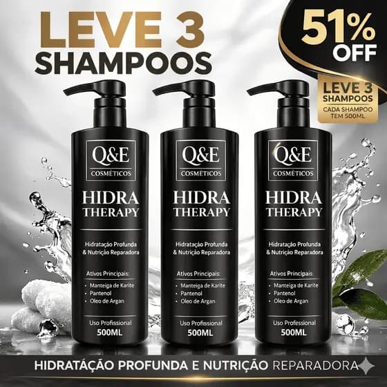 Shampoo Profissional 500ML Hidratante Hidra Therapy Q&E Cosméticos Com Óleo de Argan e Pantenol