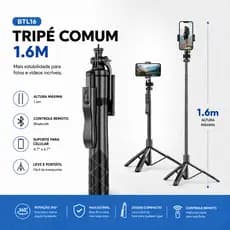 Tripé para Celular Profissional 360 Bastão Selfie 1,5m com Controle Bluetooth Removível e 1/4 Rosca