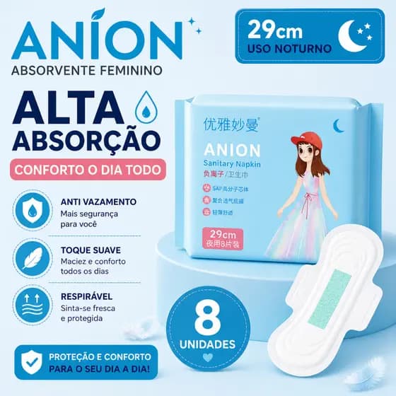 Absorvente Feminino Noturno 29cm Anion Alta Absorção Anti Vazamento Respirável Pacote com 8 Unidades