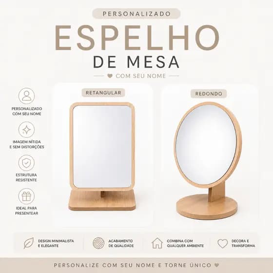 Espelho de Mesa Personalizado com Nome Espelho Madeira Decorativo Maquiagem Quarto Presente