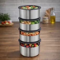 Kit 4 Potes Herméticos Aço Inox 450ml Redondo Conservação de Alimentos Vedação