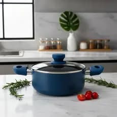 Caçarola Cerâmica Indução 20cm Panela Antiaderente Azul Com Tampa Vidro Fogão Elétrico Vitrocerâmico Gás 2,5L