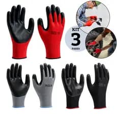 Kit 3 Pares Luva Borracha Nylon Segurança Proteção Emborrachada Antiderrapante Mecânico Serviço Profissional EPI