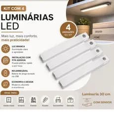 Kit Com 4 Luminária Led Sensor Recarregável Portátil 30cm Barra Adesivo Cabo Usb Iluminação Gaveta Armário Escada