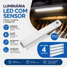 Kit Com 4 Luminária Recarregável Led 20cm Barra Portátil Iluminação Cabo USB Luz Adesivo Armário Gaveta Prateleira