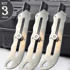 Kit 3 Estiletes Metal Aço Ferro Precição Profissional Manual Lâmina Retrátil Trava Tecido Papel Resistente Inquebrável