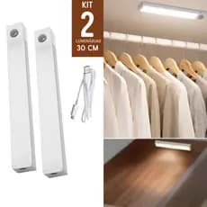 Luminária Led Barra 30cm Recarregável Cabo Usb Portátil Kit Com 2 Iluminação Armário Prateleira Autocolante Adesivo