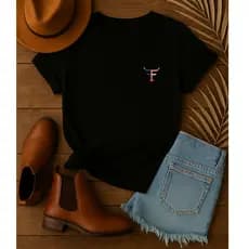 Camiseta Blusa T-Shirt Feminina Logo Usa Texas Pequeno Festa de Pião Moda Country