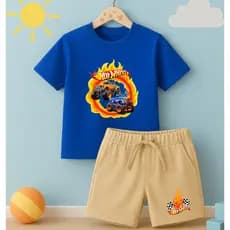 Conjunto Infantil Camiseta e Short Moletinho Hotwheels Circulo de fogo Estampado Desenho