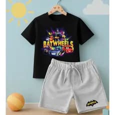 Conjunto Infantil Camiseta e Short Moletinho Batwheels Estampado Desenho Tendência Minimalista