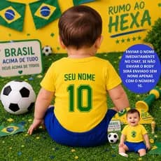 Conjunto Body e Short Bebê Copa do Mundo Brasil Personalizado com Nome Seleção Brasileira