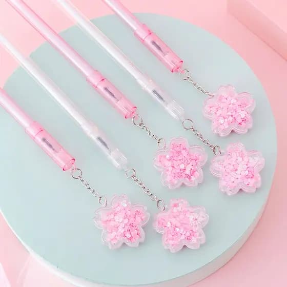 Caneta Em Gel Com Lantejoulas De Areia Movediça Pendente De Flor De Cerejeira Estudantil Assinatura Esferográfica