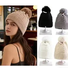 Touca Trançada com Pompom Forrada Feminina de Inverno Quente Mãe e filha