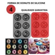 KIT 4 FORMAS DONUTS BOLINHO SILICONE PRETA E VERMELHA COM 6 CAVIDADES SUPORTA TEMP DE 40 A 230 GRAUS TAM 18 X 26 CM