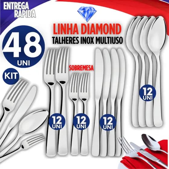 Jogo de Talheres 48 Peças Garfo, Faca, Colher e Garfo sobremesa Prime Cozinha Aço Inox Premium Qualidade Garantida