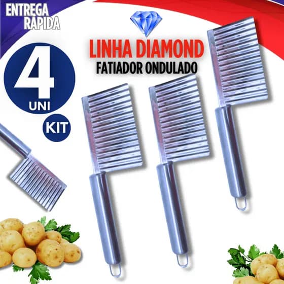 Jogo 4 Cortador Ondulado de Batata Machadinho Fatiador Inox Legumes e Frutas multiuso linha Premium