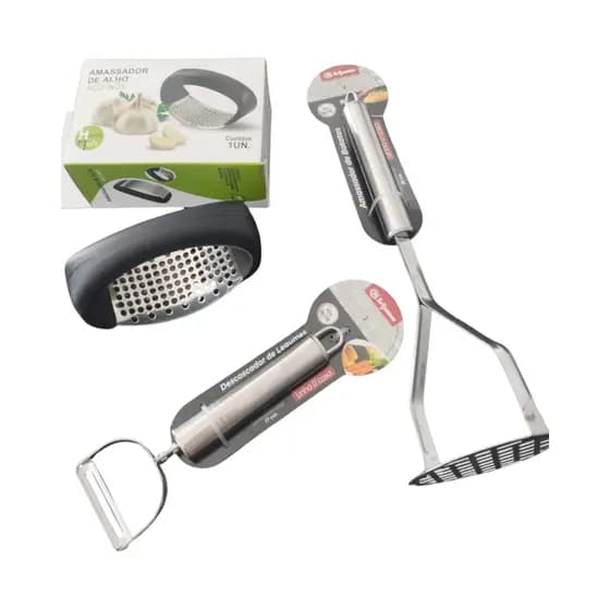 KIT COZINHA 3 EM 1 – AMASSADOR DE BATATA + AMASSADOR DE ALHO + DESCASCADOR DE LEGUMES