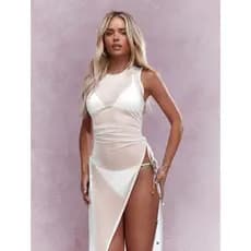 Vestido Saída de Praia Luiza longoTule Transparente com Fenda Lateral