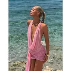 Vestido Saída de Praia Sáfira Curta Tule Transparente Costas Nuas e Amarração Lateral Decote Profundo Moda Praia Verão