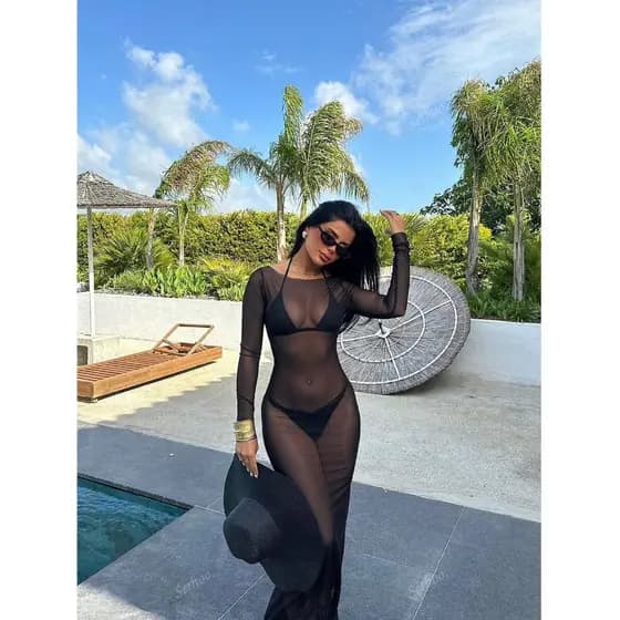 Vestido Saída de Praia longo Luxo Paola justo Tule Transparente Moda Praia Moda Verão