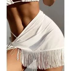 Saia Saída de Praia Canga Em Malha de Tule Com Franjas Freya Moda Praia Verão